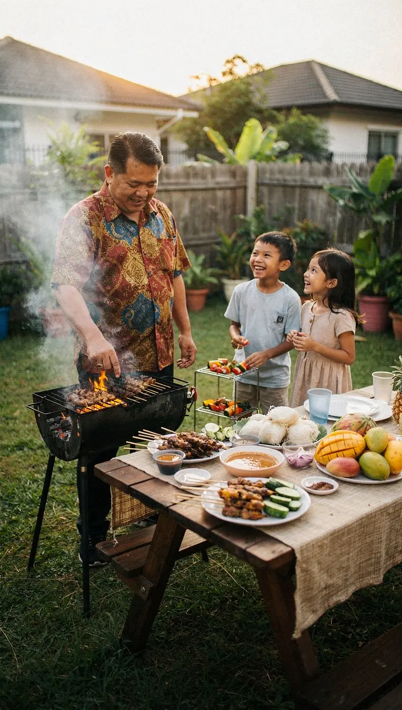 A colorful assortment of Satay skewers with a peanut sauce dipping bowl.