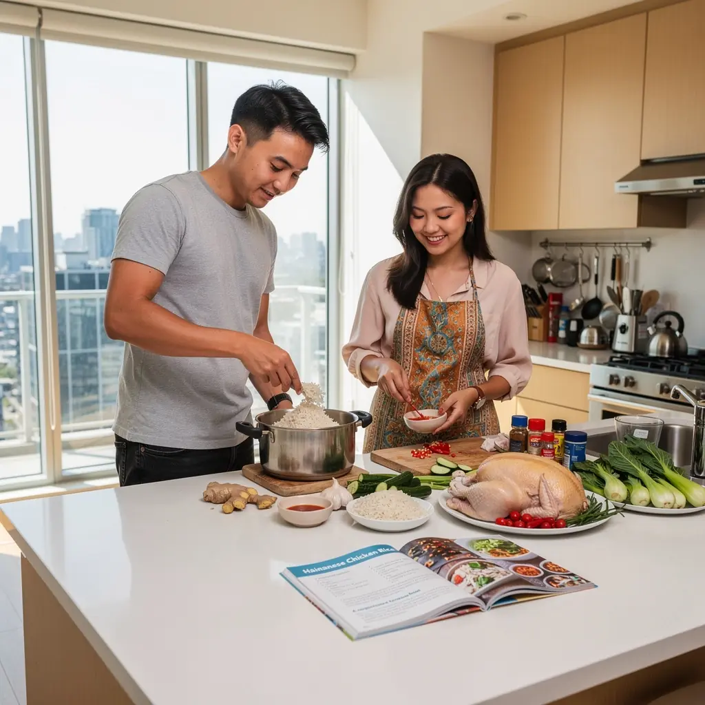 A vibrant plate of nasi lemak with coconut rice, fried anchovies, peanuts, and spicy sambal.