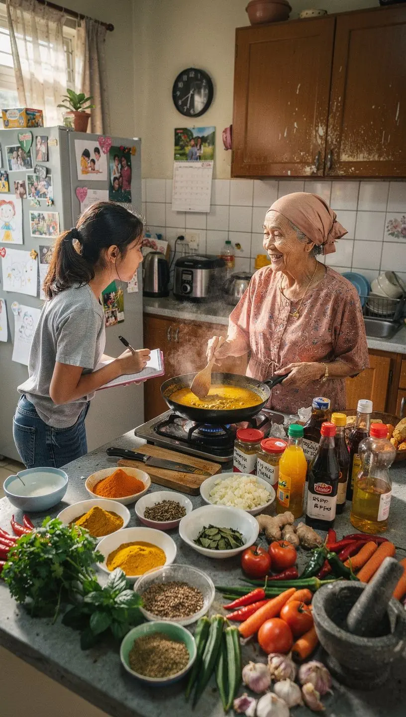 A vibrant plate of Nasi Lemak garnished with cucumber slices and sambal.